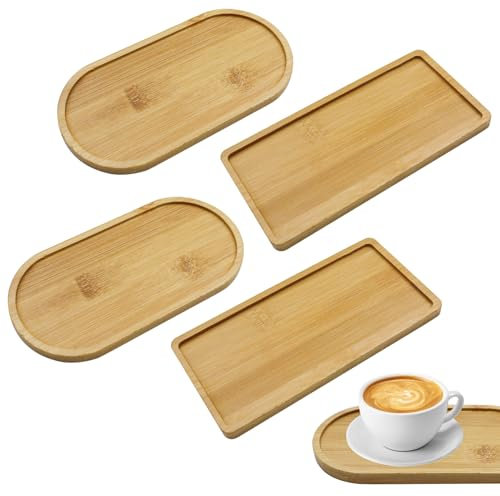 4 PCS Bamboo Tray Rectangular Oval Wooden Tray Solid Bamboo Tea Serving Tray Wooden Serving Platter Small Trays Cup Coaster Flower Plant Succulent Tray for Tea, Fruit, Snacks, Wine Glasses, Cakes