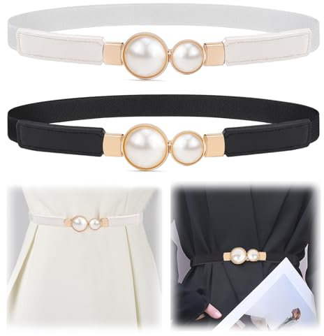 Erzekrim Frauen Stretchy Skinny Taille Gürtel Verstellbare Dünne Leder 2 Stk Elastischer Gürtel mit Perlenschnalle Damen Slim Dünn Taille Gürtel Dekoration Dünner Gürtel für Kleider Jeans Mantel