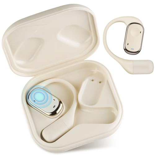 Aolcev Wireless Earbuds Open Ear Headphones Bluetooth Earphones with ENC Noise Cancelling Mic 40 Hours Playtime Deep Bass Headphones With Ear Hooks Wireless Open-Ear-Earbuds for Sport Running-Beige