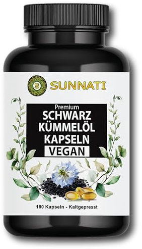 Sunnati® Schwarzkümmelöl Kapseln Vegan - Kaltgepresst, Ägyptisch, mit Vitamin E - 1000 mg Tagesdosis hochdosiert - 180 Vegane Schwarzkümmel Öl Kapsel in Deutschland hergestellt
