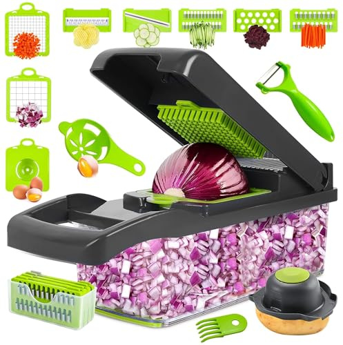 kitchenvelly 16-in-1 Vegetable Chopper with 8 Blades, Veggie Slicer & Dicer, Food Chopper with Container & Lid, Onion Chopper, Salad Chopper