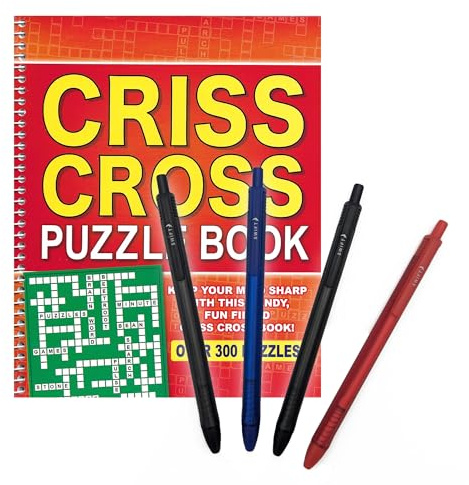 ihoot Spiral Criss Cross Crossword Puzzles and Pens Bundle | Puzzles for Adults, 1x Book PLUS a pack of Handy Pens | Puzzle Books for Adults and Teens, Word Games Crossword Books