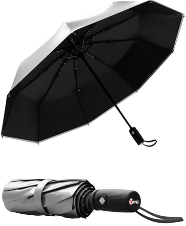 Windproof Travel Umbrella - Compact & Withstands Winds up to 85MPH, Strongest Premium Auto Folding Umbrella for Rain and Sun - Durable, Light & Portable for Women & Men, Fits Backpack & Cars
