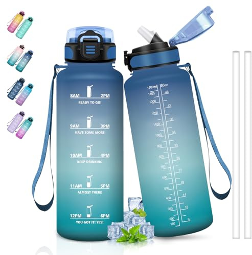 Borraccia 1,5 litri, Borraccia Palestra, Borraccie con Cannuccia Senza Perdite, Borraccie Motivazionale con Scala Temporale, Facile da Pulire, Borracce per Sport, Trekking, Escursionismo, Blu-Verde