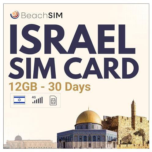 BeachSIM Tarjeta SIM Israel para 30 días. 12 GB de Datos a velocidades 4G/5G. Solo SIM de Datos prepago. Activación rápida. Fácil Recarga. Funciona en Dispositivos iOS y Android.