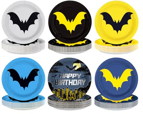 60Pcs Bat Theme Hero Party Paper Plates 9 Disposable Heavy Duty Cartoon Bat Birthday Dessert Plates Black Yellow Super Theme City Party Decorations for Boys Kids Baby Shower Holiday Party Supplies