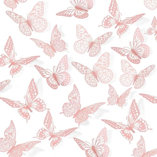 UCLEVER 3D Farfalle Rosa Metallizzate, 48 Pezzi 4 Stili, 3 Dimensioni per Decorazioni Compleanno e Feste (Rosa)