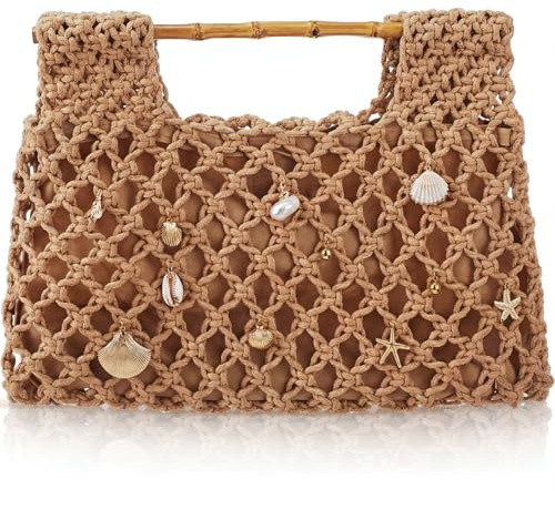 Sunnymove Women Crochet Woven Mesh Handbag Mother's Day Seaside Beach Vacation Summer Straw Tote Purse Wedding Party Mom Gift(Brown,Bamboo)