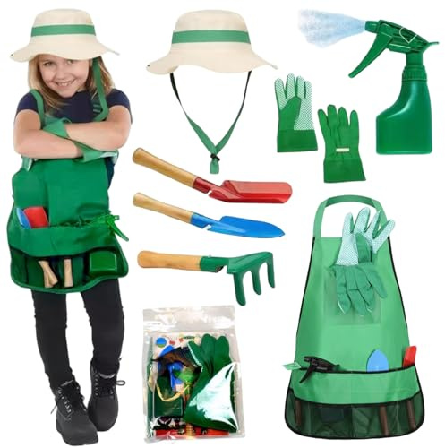 Kit da giardinaggio per bambini, 7 pezzi/set Set da giardinaggio per bambini con cappello da sole, grembiule, spruzzatore, guanti, rastrello, cazzuola e pale, attrezzi da giardino per altezza