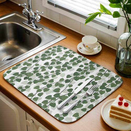 Dish Drying Mat for Kitchen Counter, Spring Plants Ivy Absorbent Microfiber Dish Drying Pad Set of 1, Green Heartleaf Philodendron Coffee Mat Dishes Drainer Mats for Countertop