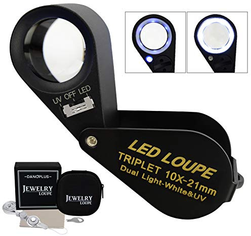 Loupe Bijoux 10x LED UV 21 mm Lentille Triplet Verre Optique Outil de grossissement de Poche Bijoutier, philatéliste, numismate