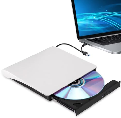Hcsunfly Unidad Externa de CD/DVD para Laptop, Reproductor de CD/DVD Tipo C USB 3.0, Lector de Grabador portátil Compatible con Mac MacBook Pro/Air iMac Desktop Windows 7/8/10/XP/Vista (Blanco)