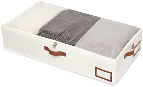Yawinhe Underbed Storage Boxes with lid, Foldable Clothing Bags, Clothes Organizer with Sturdy Zipper, Clear Window and Reinforced Handles, for Blanket, 1 Pack, 60x30x15cm, Beige, SNH001BES-1