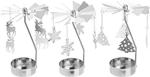 Mobestech Christmas Candle Holder 3pcs Candle Holder Christmas Rotating Carousel Candle Rotary Tea Light Holder Candlestick with Tree Snowflake Reindeer Pendant Home Decor