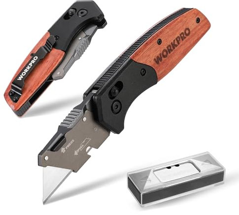 WORKPRO Coltello Multiuso, con Manico in Legno, Taglierino con Clip da Cintura, con 10 Lame di Ricambio SK5