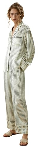 LilySilk 100% Seidenpyjama-Set für Damen Bedruckte Seidenpyjamas Hemdbluse mit Knopfleiste Reverskragen Übergroße Hose mit hoher Taille(Grafikdruck,XL)