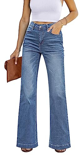 Roskiky - Pantalons à jambes larges pour femme, taille haute, style patte d'éléphant, élastiques, L