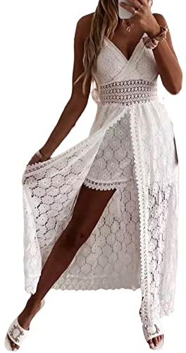 Himllauen Vestito Donna Estivo Lungo Elegante a Tracolla Senza Maniche da Spiaggia Abito Lungo Casual in Tinta Unita Boemia Canottiera in Pizzo Floreale Scolpito per Feste Vacanza (Bianco, L)