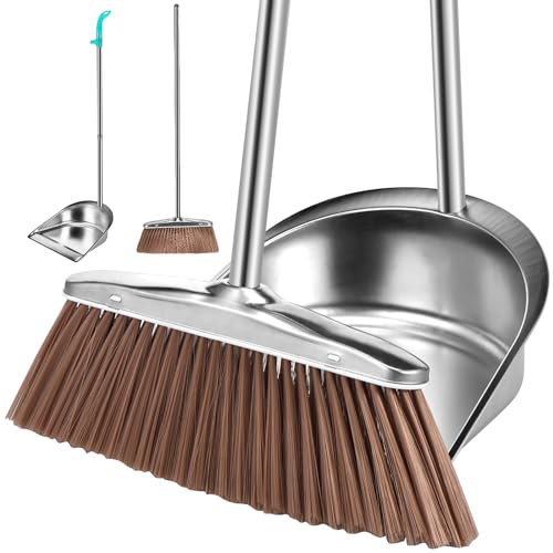 KTCINA Besen Und Kehrschaufel Set Besen Und Kehrschaufel Set Mit Langem Stiel 92.5cm Widerstandsfähiges Edelstahl Metall Besen Set Kehrschaufel Besen Set Für Haus Draussen Garten (runden)