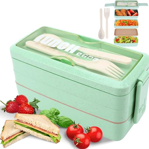 Senshi Japan Bento Box 900ml (0.9 Litre) 3 Layer Stackable Meal Prep Lunch Box Leak Proof With Spoon & Fork, for Adults Kids Office Microwave Dishwasher Safe