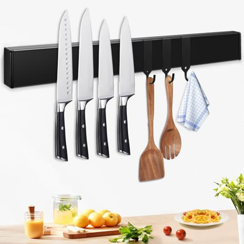 Pailexin Magnetleiste Messer mit 3 Haken, schwarz Messerhalter magnetisch ohne Bohren für die Wand, Powerful Magnet Messerhalter enthalten Band und Schrauben (Schwarz, 40 cm)
