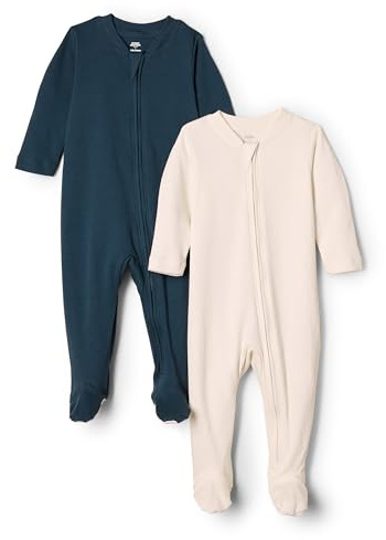 Amazon Essentials x Sofia Grainge Unisex Babies' Cotton Footed Sleepsuit, Pack of 2, Ivory/Navy, 0 Months