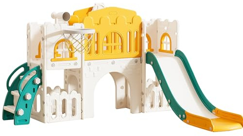 Goldshire 7 in 1 Toddler Slide,Kids Climber Slide with Storage Space and Non-Slip Steps, Toddler Playset with Basketball Hoopa and Telescope, Indoor Outdoor Playground for Toddlers