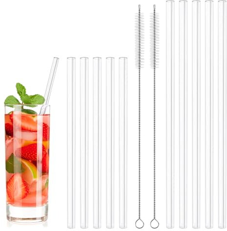 10PCS Clear Glass Straws Drinking, 15cm 20cm Reusable Straws Drinking with 2 Cleaning Brushes, BPA Free Drinking Straws Straight, Reusable Glass Straws, Perfect for Milk Coffee Coctail, 8mm Diameter