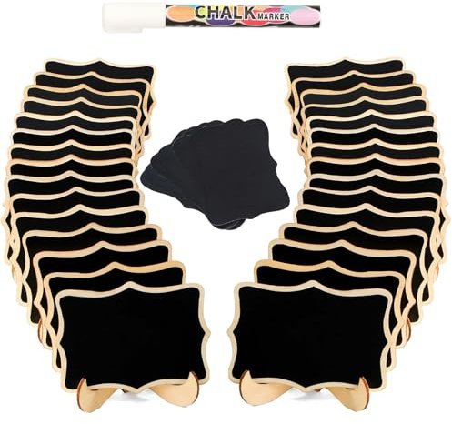 Lot de 20 mini tableaux noirs avec chevalet, petits tableaux noirs rectangulaires, marque-places en bois pour mariages, messages et décoration d'événement, 1 craie liquide