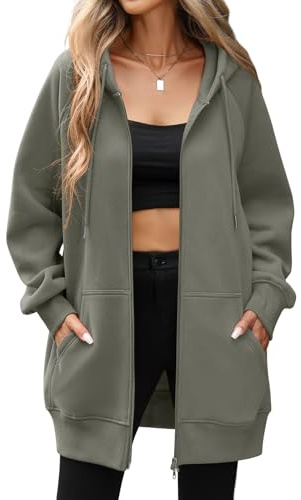 Vancavoo damhoodie med dragkedja, lång fleecetröjor med fleece, ledig långärmad jacka, lös kappa med huva plus size, ytterkläder huvtröja med fickor