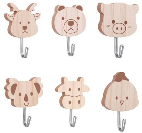 HJZHII Lot de 6 crochets muraux autocollants en bois - Motif : cerf - Poulet - Ours koala - Cochon - Veau - Pour chambre à coucher, salle de bain, cuisine
