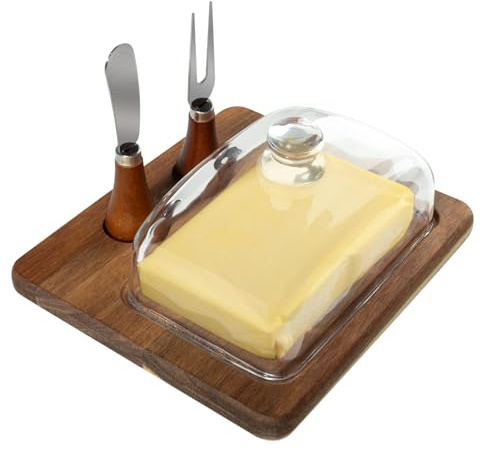Guolich Mantequillera con Tapa y Cuchillo - Butter Dish - Quesera Cristal con Base de Acacia, Campana para 250 g de Mantequilla, Mantequera Francesa Cuadrada para butter, Queso, Tarta, Desayuno