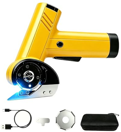 Akku Elektroschere, Elektrische Schere Kabellos für Stoff, Papier, Karton & Leder, Präzises Schneiden bis 11 mm, Sicherheitsverriegelung, LED-Licht, für Haushalt, Büro & Basteln (Gelb)
