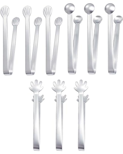Lot de 9 pinces de cuisine en acier inoxydable pour pâtisserie, bar à bonbon, buffet, café et aliments, 3 formes (paume, ronde, coquillage), pince alimentaire, pince à sucre et pince cuisine inox