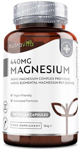 945mg Magnesium complex - 440 mg di Magnesio Elementare per Dose - 180 Capsule Vegane per 90 Giorni - Suprema Biodisponibilità - Supporta Muscoli, Ossa, Metabolismo Energetico - Prodotto da Nutravita
