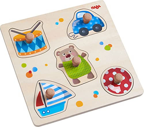 HABA 304608 - Greifpuzzle Spielsachen, 5-teiliges Holzpuzzle mit Spielzeug-Motiven und großen, griffigen Holzknöpfen, Holzspielzeug ab 12 Monaten