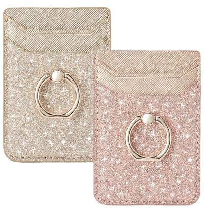 BIAJIYA Phone Card Holder Stick on Back of Phone Case, RFID-Blocking Sticky Phone Wallet with Ring Grip Stand, Glitter Adhesive Phone Card Wallet for iPhone, Samsung, Women and Girls