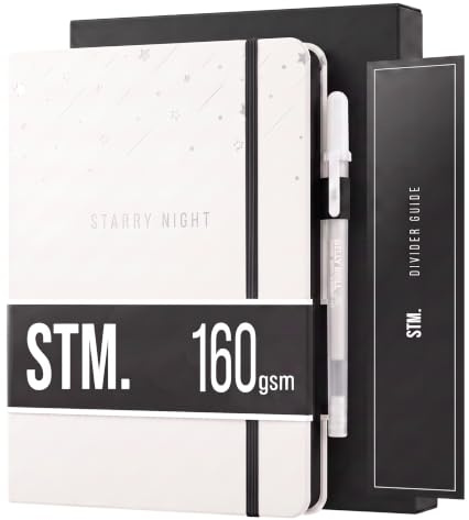 Scribbles That Matter Black Paper Bullet Dotted Journal Notebook | A5 Starry Night Free white gel pen | 160gsm Blackout no-bleed dot grid paper | For Men and Women | 5.75 x 8.5 in | White