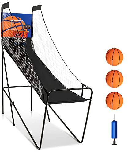 COSTWAY Folding Basketball Arcade Game, Interactive Shooting Game with Electronic Scorer & Buzzer, 3 Basketballs and Pump, Indoor Basketball Hoop Net Stand for Kids Adults