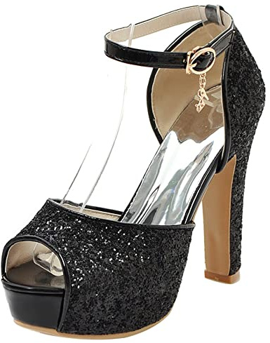 Sandalias para Mujer de Tacón Alto, Sandalias Peep Toe Elegante Tacón Ancho Zapatos de Fiesta con Plataforma Hebilla Correa de Tobillo Lentejuelas 096 Negro Talla 33 EU