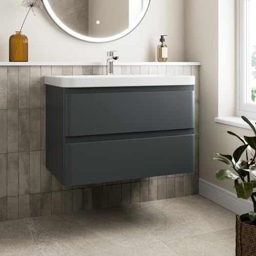 Affine® 800mm Vanity Unit Wash Basin Sink Bathroom Wall Mounted Storage Cabinet Cupboard Cloakroom, Soft Close Drawers, Anthracite Grey
