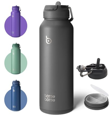 BOTTLE BOTTLE Insulated Water Bottle with Straw 1180ml(40oz) Sports Stainless Steel Water Bottles with Handle Lid Outdoors Drink Flask for Pills (gray)