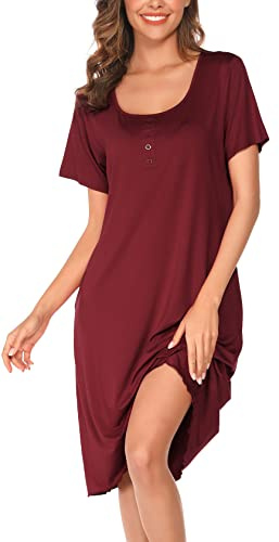 Vlazom Women's Nightdress, Ladies Soft Nighties U-Neck Nightshirts Short Sleeve Sleep Dress Nightgown Sleepwear, C-Burgundy, XL