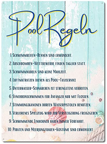 Interluxe Schild 300x220mm Wandschild Metallschild - Pool Regeln Dekoschild für Gartenhaus Poolhaus Geschenkidee Mitbringsel