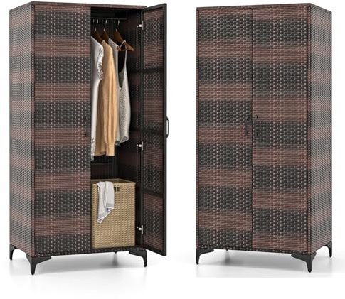 KOMFOTTEU Armadio da giardino in rattan, con 5 ripiani e mensola sospesa, armadio per attrezzi con doppie porte, 72 x 50 x 157 cm (marrone misto)