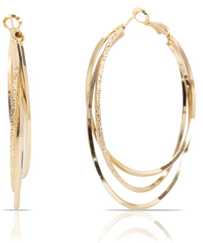 Boucles D'oreilles Pour Femmes, Boucles d'oreilles à Triple Créole, Boucles D'oreilles Légères En Plaqué Or, Bijoux Tendance Cadeau Pour Femme