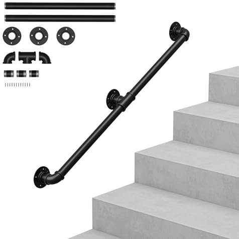 OUNUO Wall Handrail for Stairs Steps, Black Metal Industrial Pipe Staircase Handrail for Indoor Outdoor Wall Mount Support, Wall Hand Railing,Safety Handle (Black, 150cm)