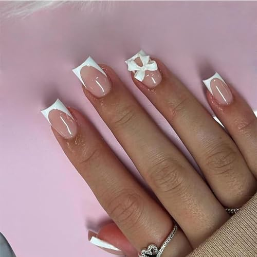 Faux Ongles Court MouyouGlow,Carré Nude Rose Blanc French 3D Noeud Papillon Bow Press on Nails avec Colle à Ongles,White Tip Acryl Fake Nails