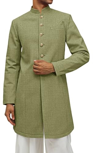 Runcati Mens Kurta Coats Indian Mandarin Collar Attire Ethnic Outfits Wedding Festive Party Clothing Casual Kaftan Robe Army Green