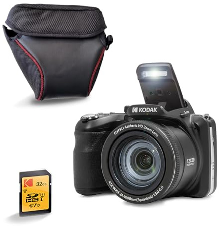 KODAK Pixpro AZ425 - Cámara puente de 20 MP con zoom óptico 42x + funda protectora + tarjeta SD de 32 GB - vídeo Full HD 1080p, gran angular 24 mm, estabilizador, pantalla LCD de 3 - negro